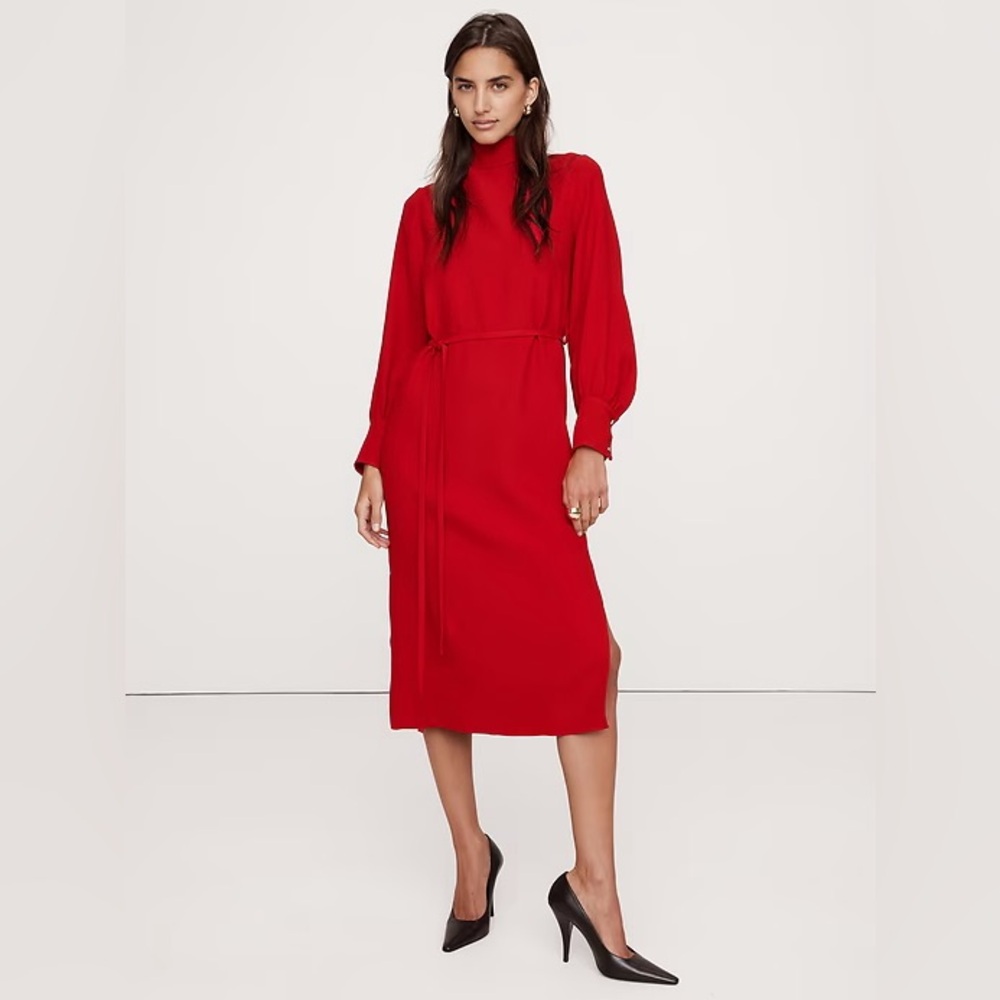 TALL Banana Republic Crepe Mock-Neck Midi Dress Scarlet Red size M Tall